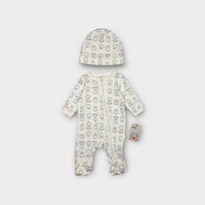 Miffy Bunny Pattern Text Allover 2 Piece Footie Sleeper & Hat Set